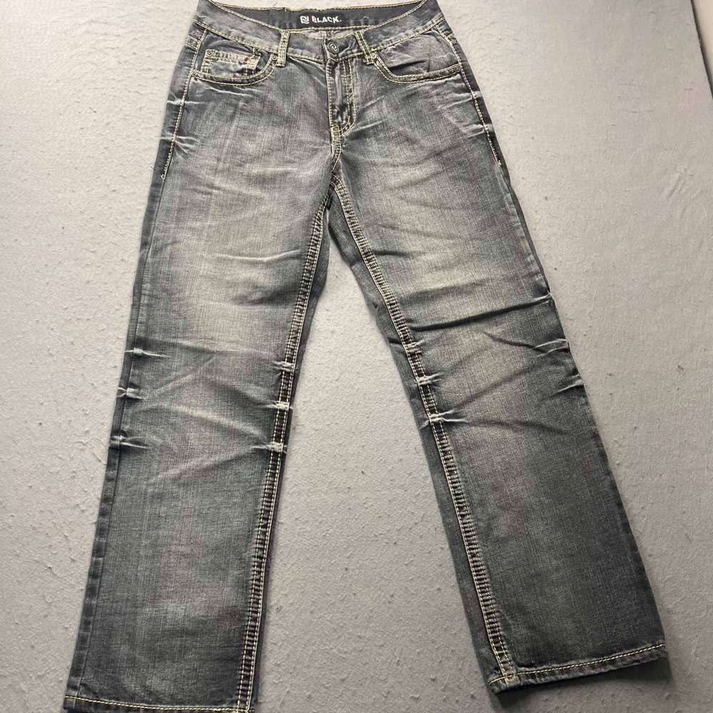 Rue21 BLACK Relaxed Straight Jeans Mens 28x30 Gray Contrast Stitch Whiskered